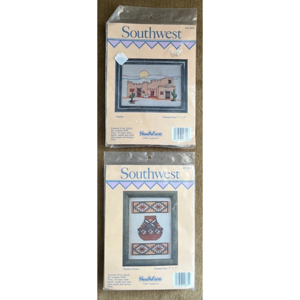 2 VTG 1989 Needleform SOUTHWEST Cross Stitch Kits‎ PUEBLO POTTERY/PUEBLO 5" x 7"